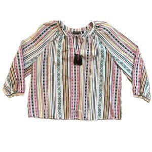 Style & Co Woven Pheasant Blouse White Pink Green Size XL